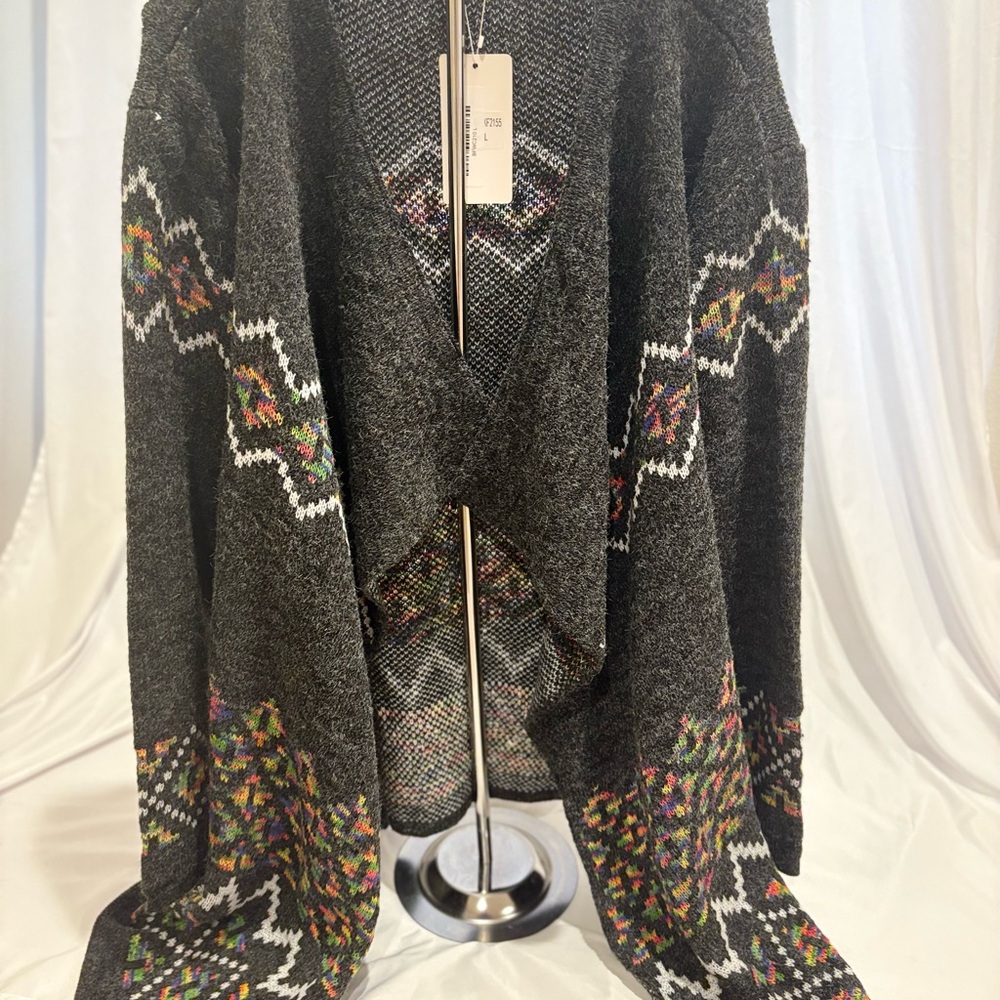 Kamana Charcoal Open-Front Knit Cardigan with Multicolor Fair Isle Detail